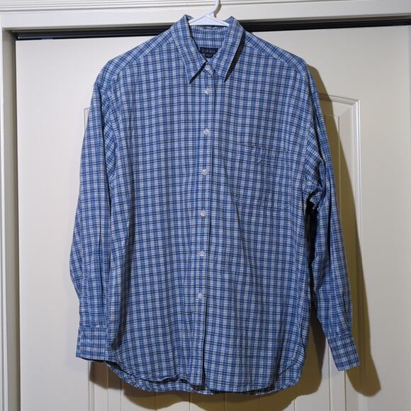 BKLE Blue Plaid 100% Cotton Button Down Shirt Men's Size L - Picture 1 of 6